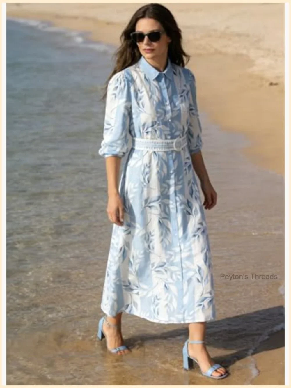 Women Summer Boho Maxi Dress Long Sleeve Button Down Tie Waist with Pocket - Picture 2 of 6